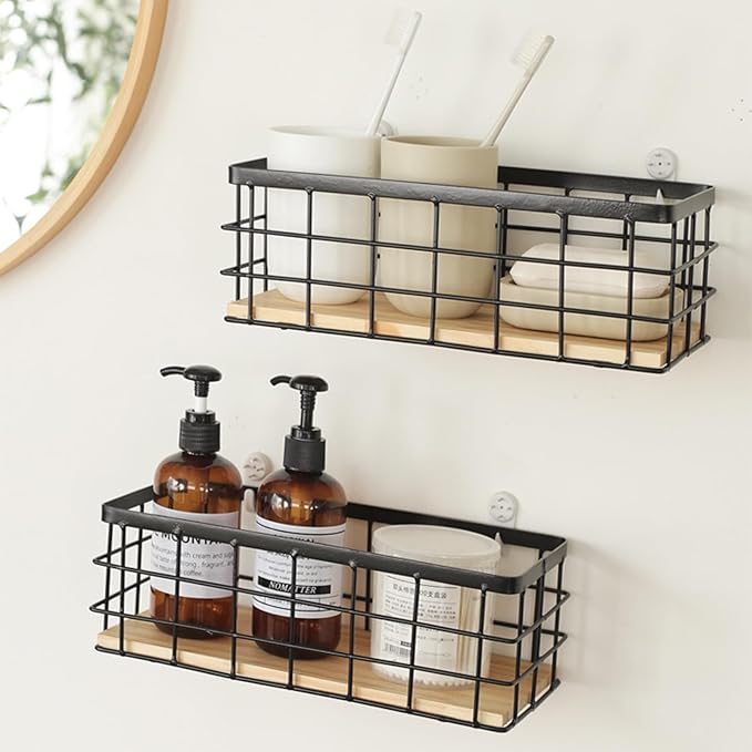 2-Pack Small Wire Baskets, Metal Wire Storage Baskets, Rustic Storage Bin Wood Base Containers Farmhouse Rectangle Organizer 