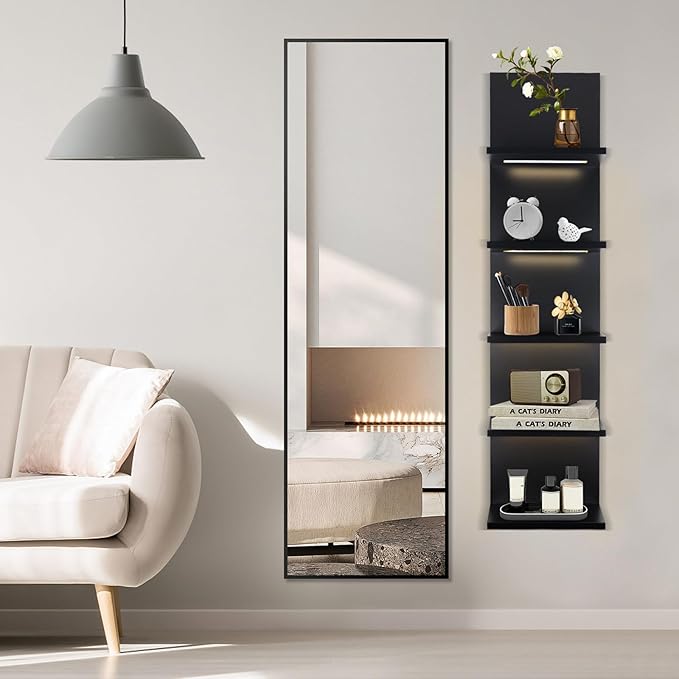 5 Tier Wall Shelf Unit, Black Shelves,Lack Shelf, Wall Shelves for Bedroom，Office,Bathroom, Vanity Shelves with LED Remote Co