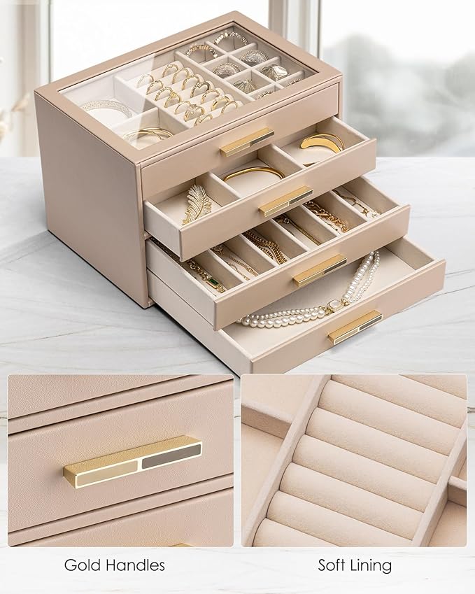 VLANDO 4 Layer Jewelry Box for Women, Mothers Day Gifts for Women, Glass Lid Jewelry Organizer with 4 Drawers for Necklaces R