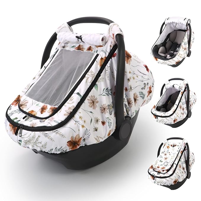 Car Seat Cover Baby Girls, Infant Car Seat Canopy Outdoor, 2 Layers with Mesh and Sun Shade Window for Summer Winter, Easy Ac