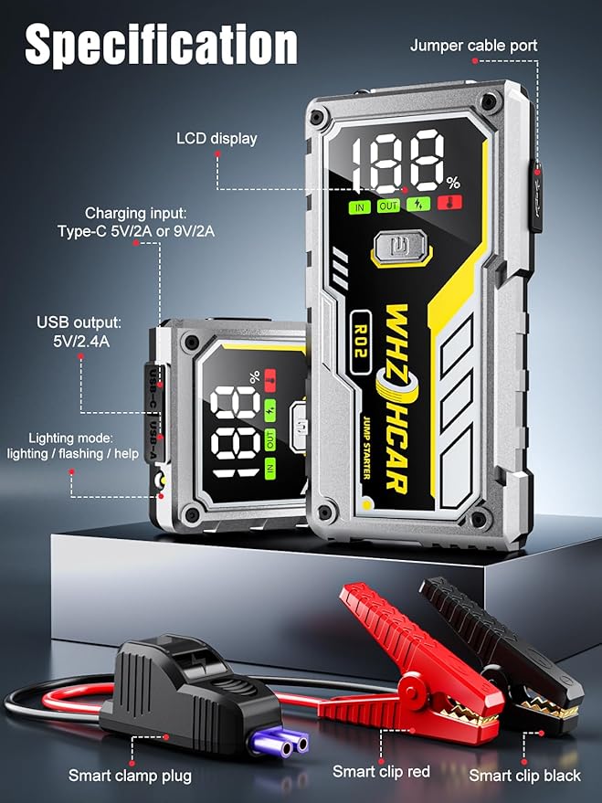 Car Battery Jump Starter 5000A Smart Portable Car Jump Starter Battery Pack (10.0 Gas/9.0L Diesel) 12V Safe Car Jumper with LCD Display Extended Jumper Cables, Fast Charge LED Light