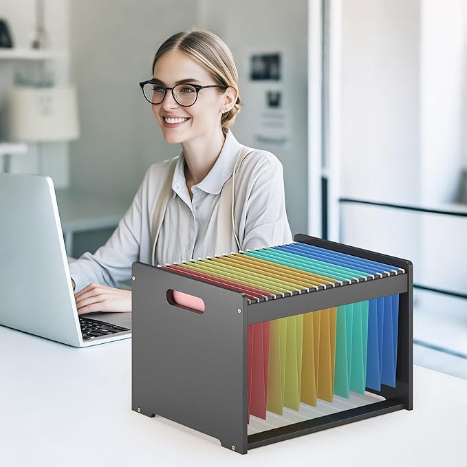 Hanging File Organizer Box for Letter Size, Bamboo File Folder Organizer, Storage Moving Boxes with Handle Wood Desk Filing B