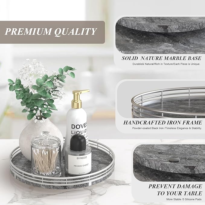 Gray Marble Lazy Susan Turntable for Table Top – 10” Round Marble Tray Organizer for Dining Table, Kitchen Countertop & Bar, 