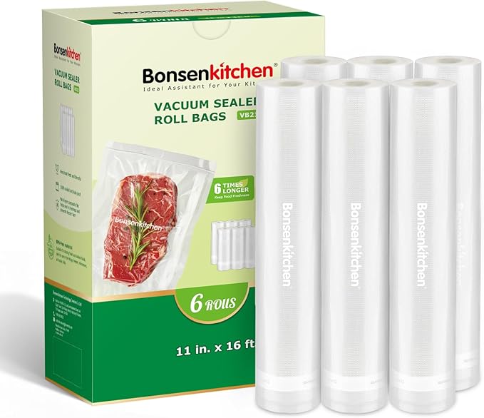 [2025 Upgraded] Bonsenkitchen 6 Rolls 11" x 16' Vacuum Sealer Bags for Food with a Color Box, Easy to Store, Commercial Grade
