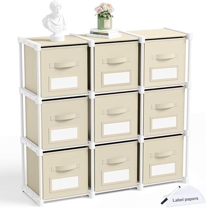 Geelin 9 Cube Storage Organizer with Fabric Bins and Labels 11 Inch, Fabric Collapsible Cubby Clothes Storage Drawer Dresser 
