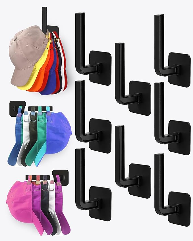 Hat Rack for Hat Storage (8-Pack), Multi-Purpose Hat Organizer, Strong Adhesive Hat Hooks for Wall Hat Organizer for Baseball
