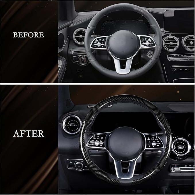 Aimato Car Steering Wheel Cover Carbon Fiber, Ultra-Thin Car Steering Wheel Cover,Comfortable & Breathable Microfiber,Universal Fit for Most Cars, Bright Black