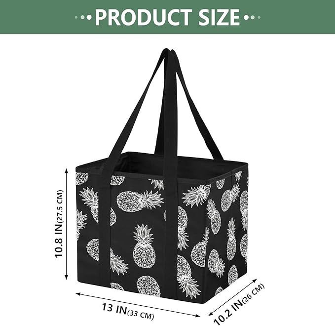 Black Pineapple Reusable Grocery Bags Large Shopping Tote Bag with Reinforced Bottom Board, Water Resistant Foldable Storage 