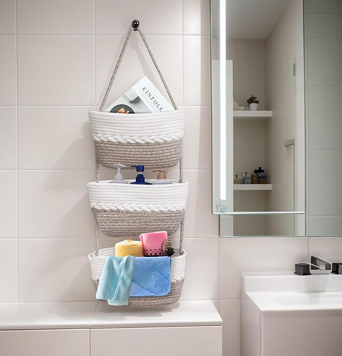 Over the Door Hanging Basket for Organizing 3 Tiers Woven Cotton Rope Wall Mount Storage basket Decorative Kitchen Hanging Or