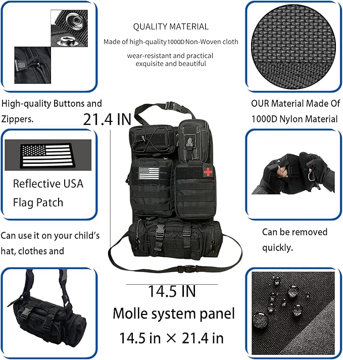 6 Pack Tactical Molle Car Seat Back Organizer Tactical Vehicle Panel with 5 Detachable Molle Pouch for Car Truck Ford Jeep Vehicle,US Patch Automotive Organizer For Man (5 Pouches)