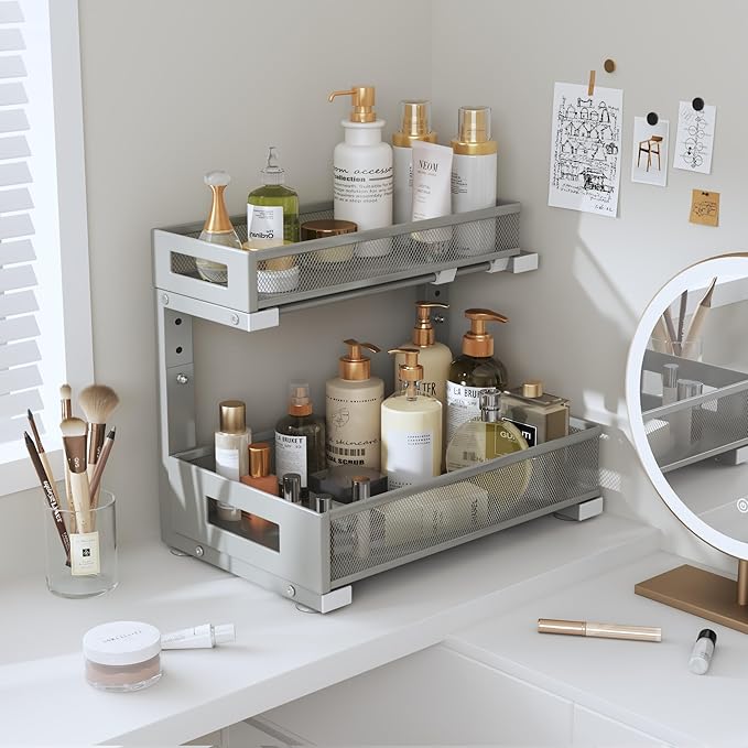 2-Pack Under Sink Storage Organizer, Large 2-Tier Elegant Mesh Pull Out Shelf for Kitchen and Bathroom Cabinet Organization, 