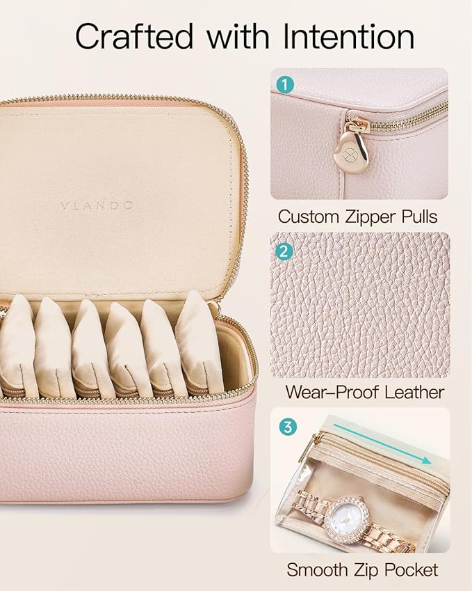 VLANDO Jewelry Box with 8 Velvet Jewelry Bags Travel Jewelry Case for Mothers Day Mom Gifts, Jewelry Organizer Necklace Rings