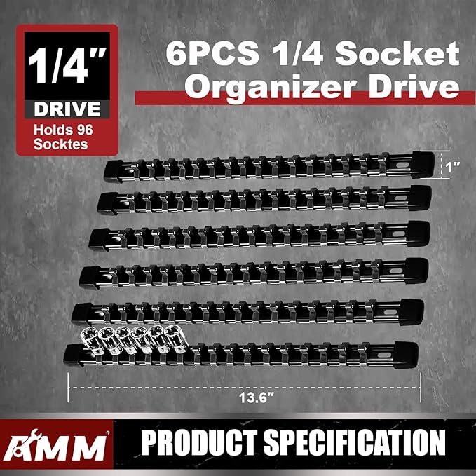 AMM 6-Piece Socket Organizer，1/4 inch Drive ABS Tools-Socket Holder，Heavy Duty Socket Racks，Premium Quality Socket Clip Rail 