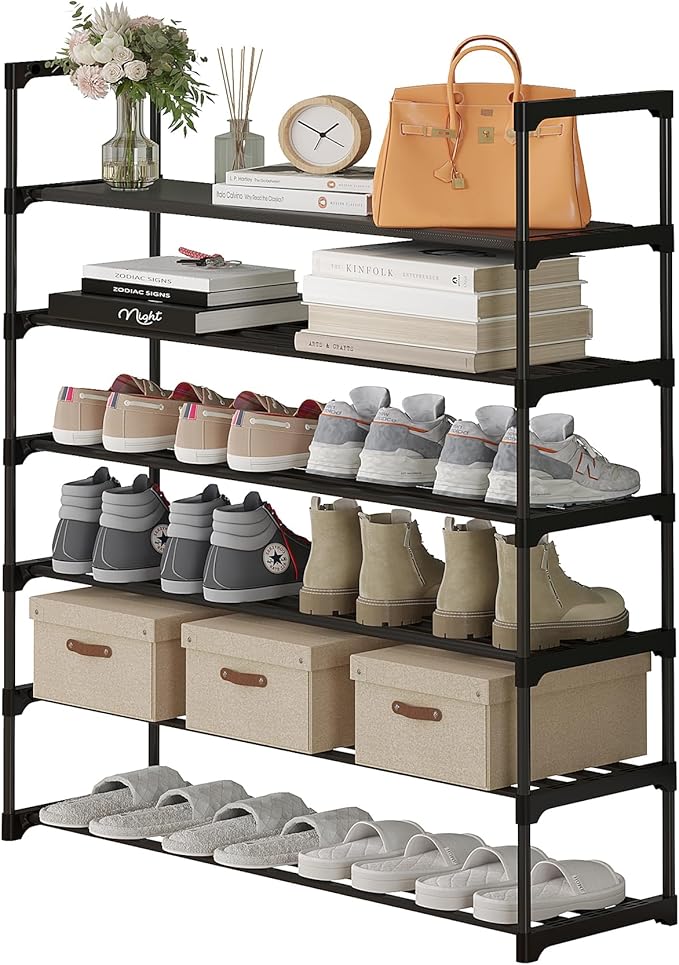 Calmootey 6-Tier Shoe Rack, Tall Large Capacity 30 Pairs Shoes Storage Organizer, Stackable Wide Shoe Shelf for Entryway, Hal