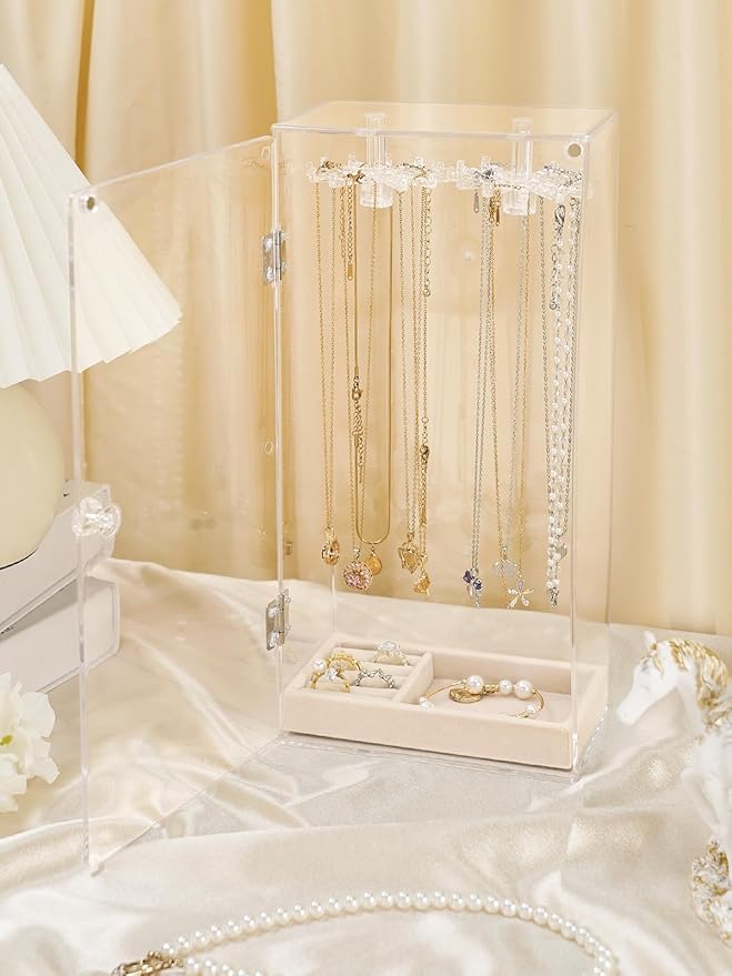 Necklace Holder, Acrylic Necklace Organizer, Rotatable Clear Jewelry Holder Organizer Display Case for Long Necklaces Pendant