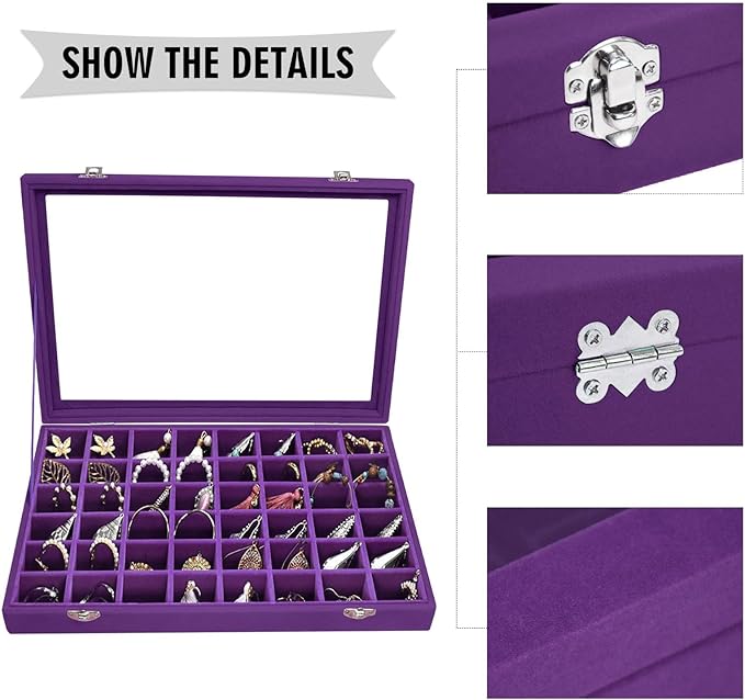 Siveit Velvet Jewelry Tray 48 Grid Jewelry Display Tray Organizer Box with Transparent Lid Rings Earrings Necklaces Pendants 