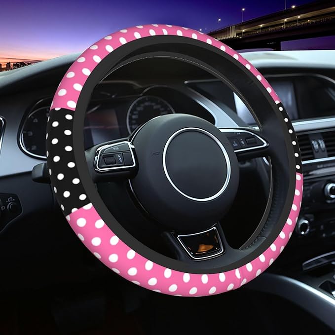 Cute Pink Polka Dots Steering Wheel Cover for Women,Universal Fit 14-15 inch, Fashion Automotive Interior Decorative,with 2 P