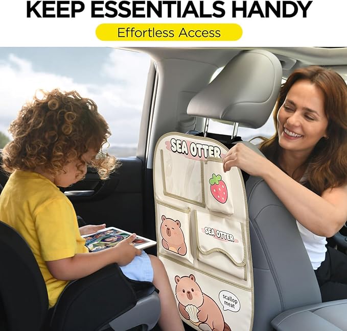 kids Leather Car Backseat Organizer with Foldable Table Tray, Car Storage Organizer with Tablet Holder, Car Seat Back Protectors Kick Mats, Travel Accessories (SEA OTTER2)