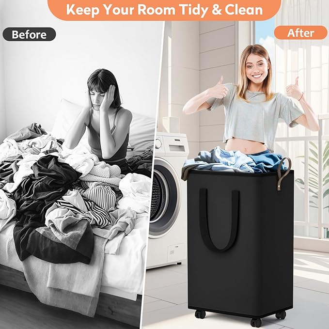 SpaceTrove Laundry Basket with Wheels, Collapsible Laundry Baskets, Laundry Hamper with Handles Detachable Wheels, Rolling La