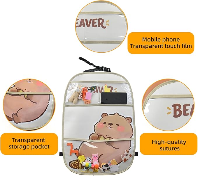 kids Leather Car Backseat Organizer with Foldable Table Tray, Car Storage Organizer with Tablet Holder, Car Seat Back Protectors Kick Mats, Travel Accessories (Beaver)