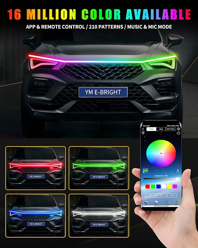 YM E-Bright Car Led Lights Exterior RGB Hood Light Strip Waterproof Multicolor Dynamic Scan Start Up Hoodbeam Kit with Turn Signal Indicator Function for Cars, Truck, SUV, APP Control, 12V 70inch
