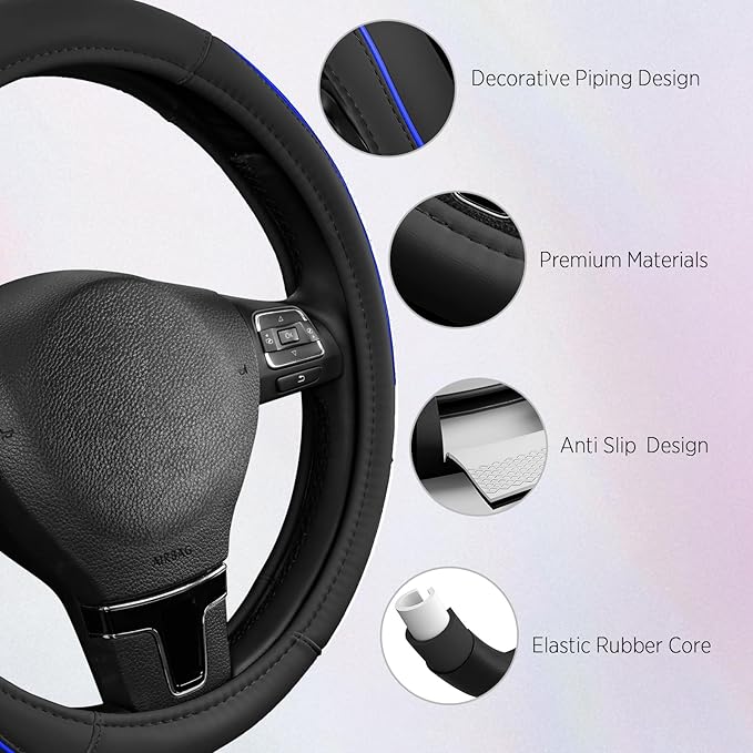 Road Comforts Leather Steering Wheel Cover with Decorative Trim and Piping, Anti-Slip Breathable Design, Fits 14.5–15 Inch Ro