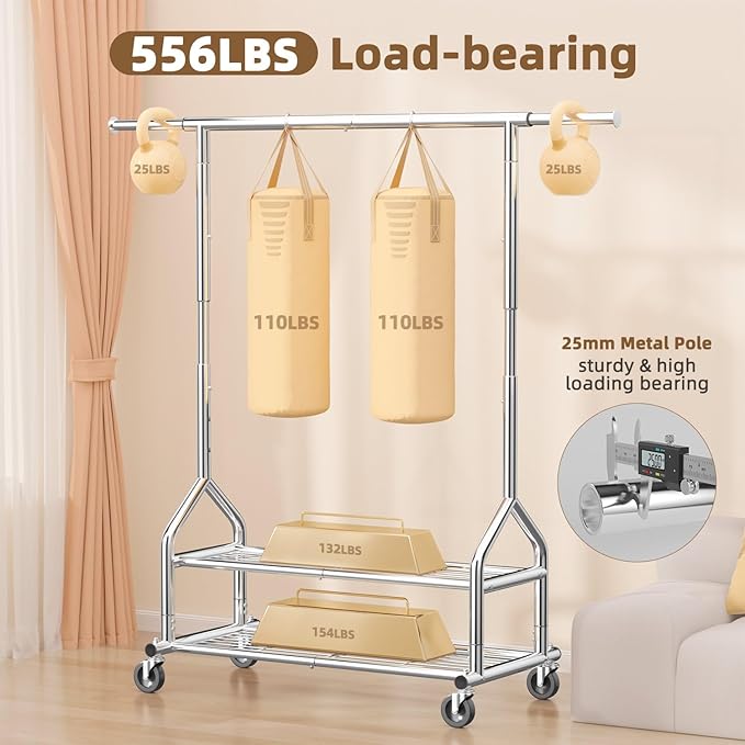 EAGMAK Heavy Duty Clothes Rack Load 556 LBS, Rolling Clothing Rack With Shelves, Height Adjustable Metal Clothes Hanger with 