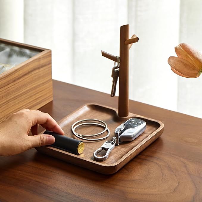 Black Walnut Solid Wood Key Dish Bowl for Entryway Table Square Tray With 3 Hooks, Open Storage for Keys, Wallet, Jewelry (Wa