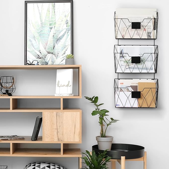 YBING Wall File Organizer for Office Hanging Wall File Holder and Basket Set of 3 Hanging File Rack with Hooks Metal Wall Sto