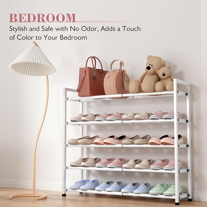 Bumusty 5-Tier Expandable Shoe Rack for Closet, 18“-33” Adjustable Shoe Rack for Small Space, Small Shoe Organizer for Front 