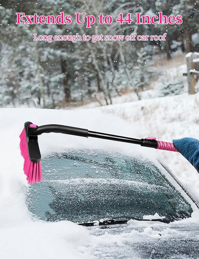 HEEYA 44 Inch Snow Brush for SUV, Ice Scraper for Car Windshield Window, Extendable Snow Scraper and Brush with Comfortable Foam Grip for Truck Vehicle Automobile - Pink