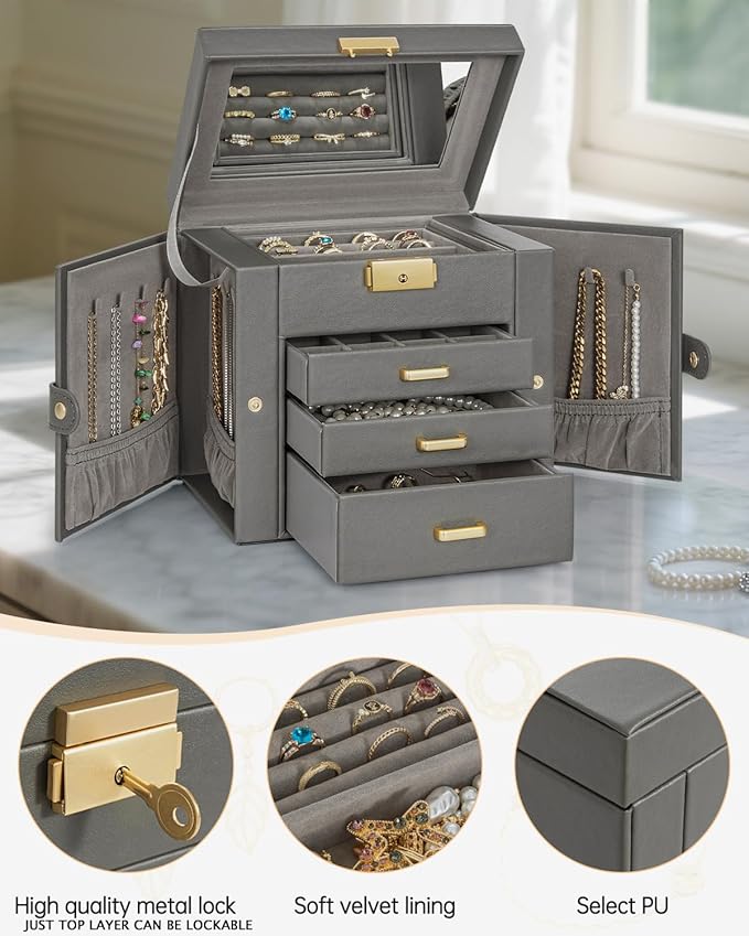 AKOZLIN 4-Tier Jewelry Box Leather Jewelry Storage Organizer with 3 Drawers Lockable for Women Girls Ring Necklace Earring Br