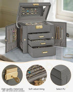 AKOZLIN 4-Tier Jewelry Box Leather Jewelry Storage Organizer with 3 Drawers Lockable for Women Girls Ring Necklace Earring Br
