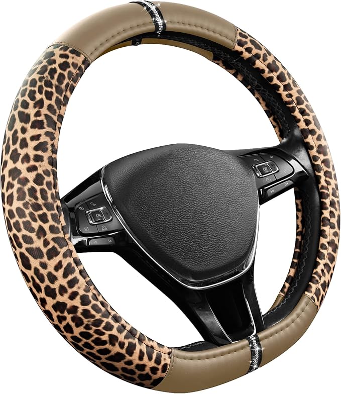 Road Comforts Leopard Steering Wheel Cover for Women, Cute Anti-Slip Microfiber Leather, Fits D Shape Flat Bottom Steering Wh