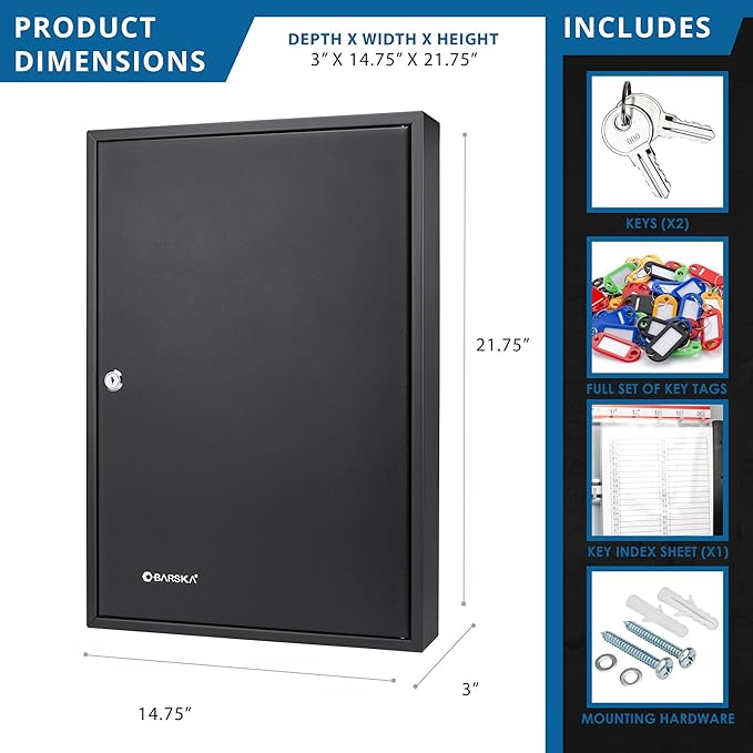 Barska 100-Position Key Lock Box – Solid Steel Key Cabinet with Adjustable Numbered Hooks, Key Log Sheet, Color Tags & Index 