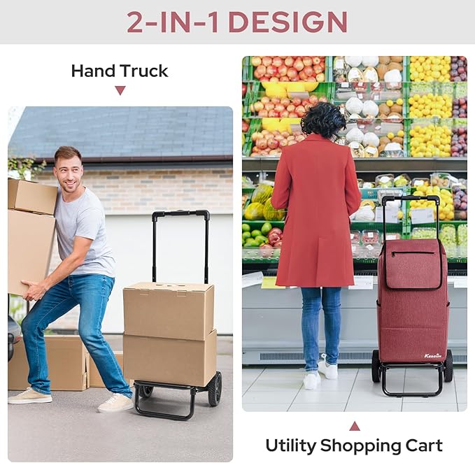 KEDSUM 2 in 1 Shopping Carts for Groceries, 330 lbs Grocery Cart on Wheels, Foldable Utility Carts with Wheels, Load-Bearing Hand Truck with Waterproof Bag for Shopping, Camping, Laundry, Garden, Red