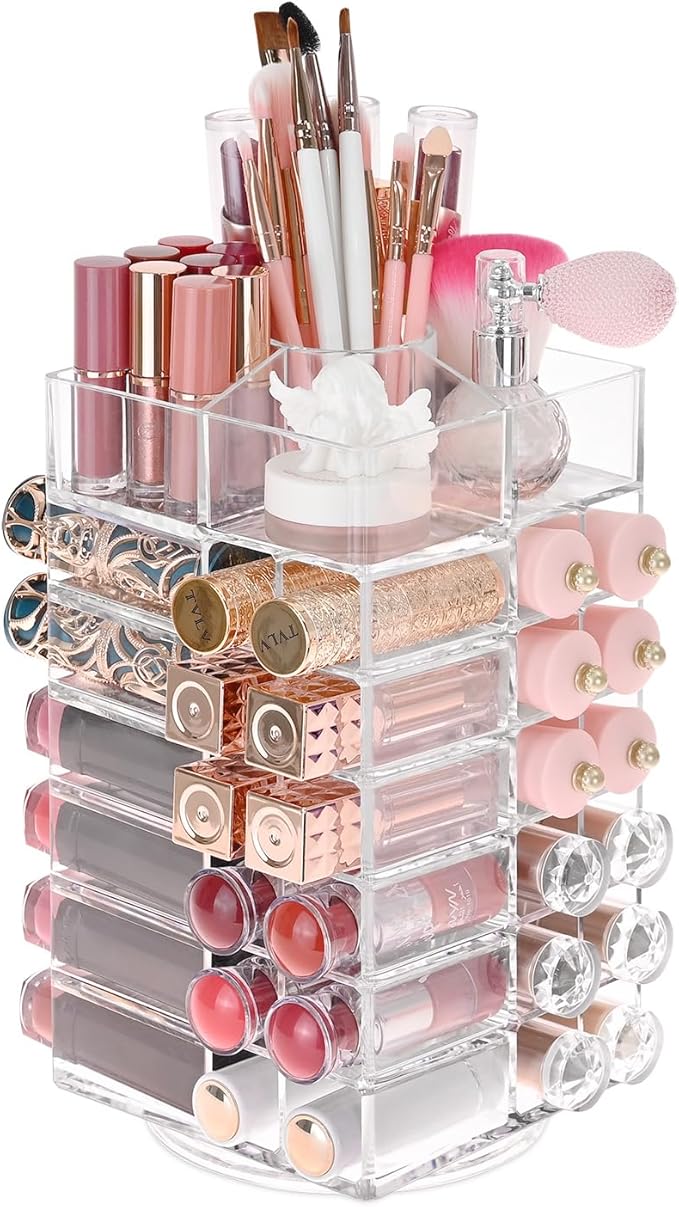 Ikee Design Lipstick Organizer with 53 Slots 360 Degree Rotating Spinning Acrylic Lip Gloss Organizer for Makeup, Lipsticks, 