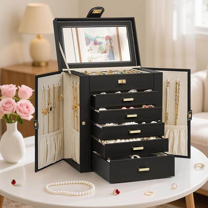 AKOZLIN 6-Tier Jewelry Box Organizer Functional 5 Drawers Leather Jewelry Storage Case for Women Girls Ring Necklace Earring 