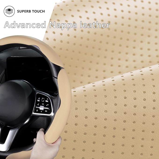 Car Steering Wheel Cover Leather Snap On 3Pcs Set Non-Slip Protector Wrap Steering Wheel Accessories 14.5-15 inch Universal B