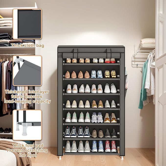 Laiensia 7-Tier Vertical Shoe Rack Organizer, Space Saving Shoe Storage Organizer, Non-Woven Cover Shoe Shelf Holds 28-35 Pai
