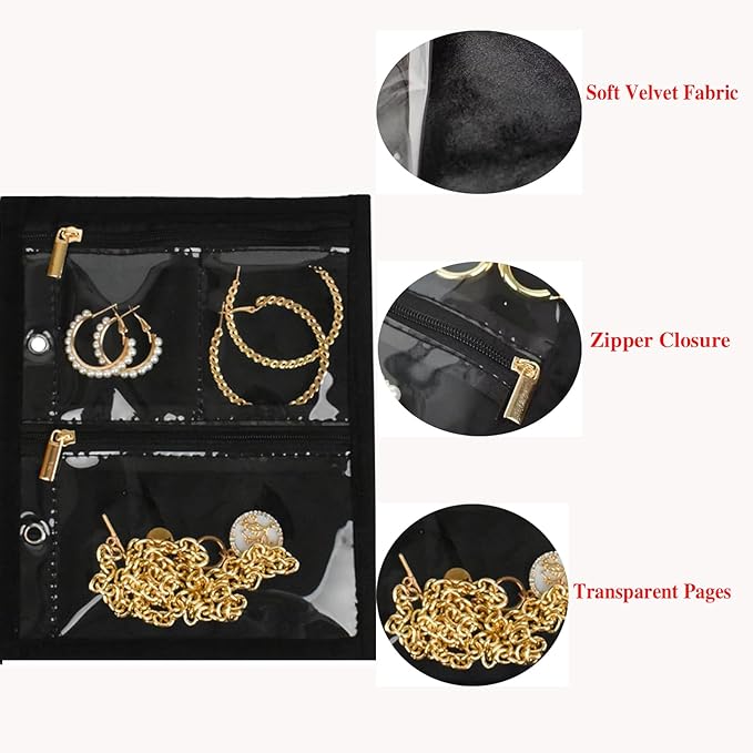 GSXRB Travel Jewelry Organizer Case with Clear Zipper Pouches,3pcs Velvet Jewelry Storage Book Binder, Multi-Layer Inner Page