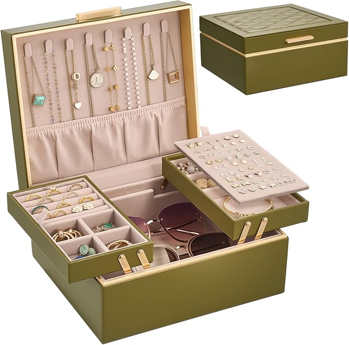 Lolalet Jewelry Box Organizer for Women Girls, 2 Layer Jewelry Organizers and Storage for Necklace Earrings Rings Bracelets, 