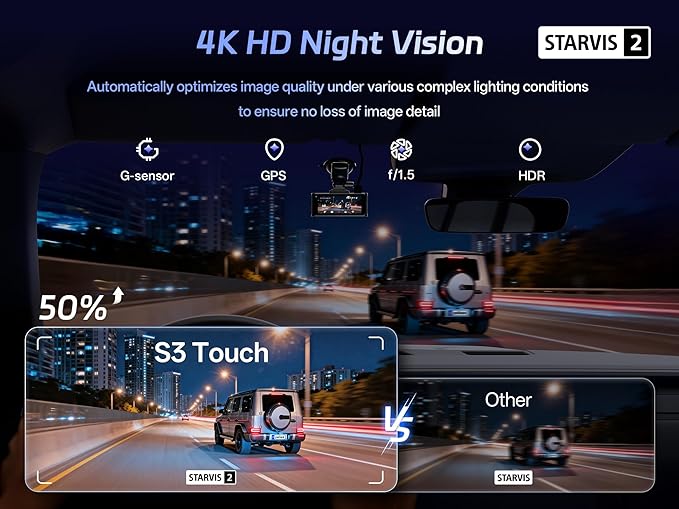 Pelsee S3 Touch 4K Dash Cam Front and Rear, STARVIS 2 Sensor, STARLIT™ Full Color Night Vision, 128GB Card, WiFi 6, ADAS, Das