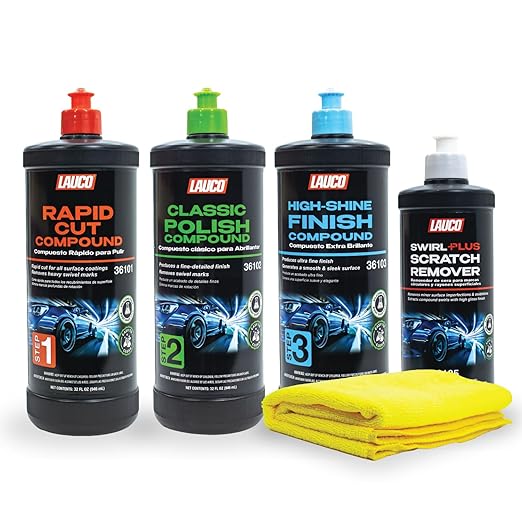 LAUCO 3-Step Kit – Steps 1 2 3 – 32oz, + Swirl Remover – 8oz, with a Towel, Professional Silicone-Free Cutting, Polishing & Finishing Compounds for Scratch Removal, Clear Coat Safe High-Gloss Finish