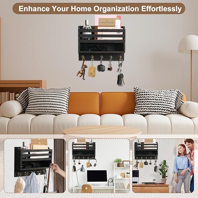 Mail and Key Organizer for Wall – Key Holder Wall Mount with Storage Box and 5 Key Hooks, Mail Holder Wall Mounted for Entryw