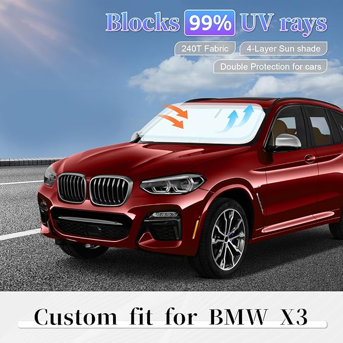 Sun Shade Sunshade for BMW X3 2018-2025 2026 Windshield Cover, 4-Layer Front Window Shade Custom fit X3 Base, xDrive28i, xDrive35i, M Sport SUV Sun Visor 240T Shade Blocks UV Rays Car Accessories