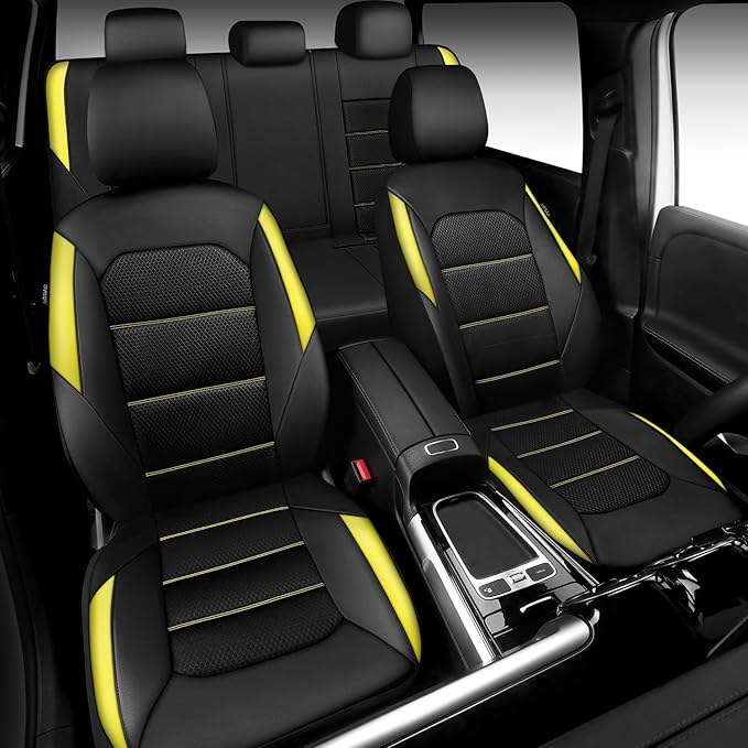CAR PASS Memory 3D Foam Car Seat Covers Full Set, Breathable Mesh Thick Seat Covers for Car, Yellow Leather Seat Covers, Univ