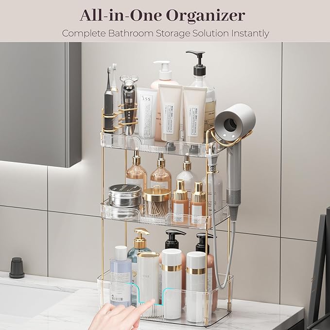 Bathroom Counter Organizer Countertop, 3 Tier Makeup Perfume Storage with Hair Dryer Rack and Toothbrush Holder, Cosmetic Tra
