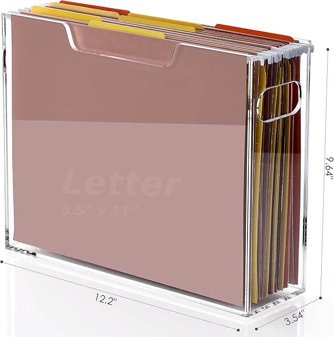 DINGHUO Acrylic File Organizer Box Letter Size Hanging File Organizer, Clear Portable File Folder Box with Handle, Filing Cra