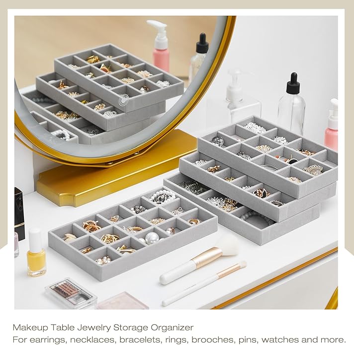 Junkin 12 Pcs Jewelry Tray Velvet Stackable Jewelry Organizer Trays Divided Earring Accessories Storage Containers Box (Rose 